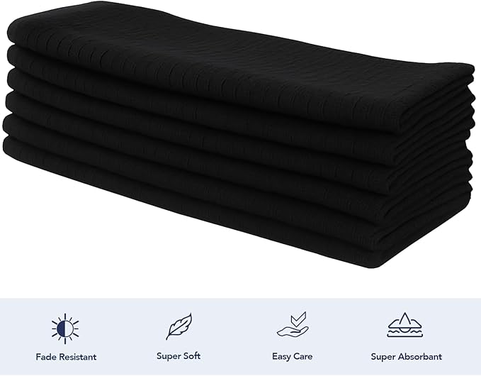 CRAFTSWORTH Kitchen Towels, 15 x 26 Inches, Pack of 6, 400 GSM, 100% Ring Spun Cotton, Striped Solid Black Cotton Dish Towels Super Soft and Absorbent, Tea Towel and Bar Towel