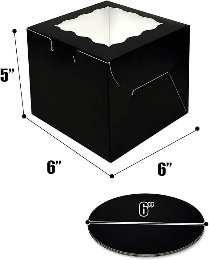 Bakepacker 36pcs 6x6x5 Inches Cake Boxes with Window 18-Packs Black Cake Boxes 6 Inch Bakery Boxes (18 Cake Boxes +18 Cake Boards Included)