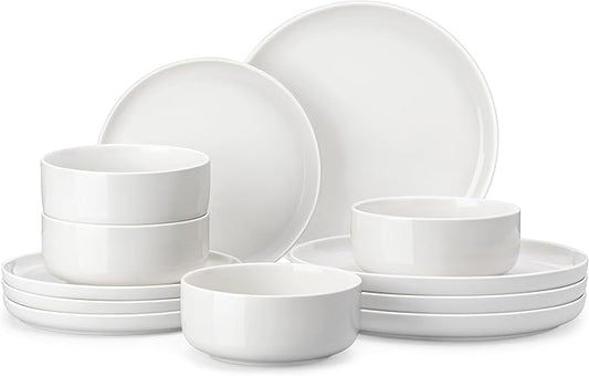 MALACASA Plates and Bowls Sets, 12 Pieces Porcelain Dinnerware Sets Dishware Sets Chip Resistant Ceramic Dish Set Dining Dinner Ware Service for 4, White, Series LUNA