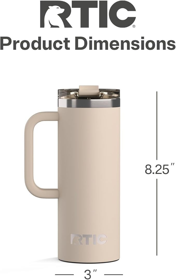 RTIC 20oz Road Trip Travel Mug with Lid and Handle, Ceramic Lined, Insulated, Stainless Steel, Metal, Double Wall Vacuum-Insulation, Portable Coffee, Tea Cup for Hot and Cold Drink, Beach