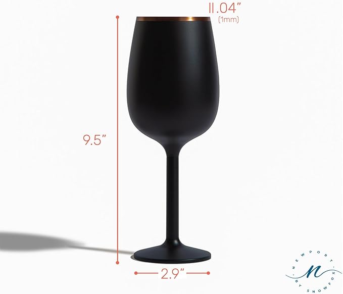 NEWPORT Stemware Collection Premium Vacuum Insulated Stainless Steel Wine Glass, Lightweight Wine Glass, Unbreakable & Drinks Stay Cold, Non-Slip Silicon Base, Cocktail Glasses, 12oz, Black