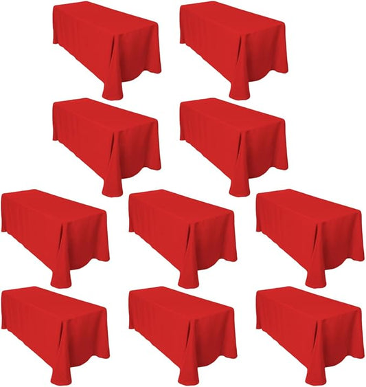 LTC LINENS Bulk 10-Pack Rectangular Tablecloths 90 in x 156 in with Rounded Corners - Red Table Covers for 8 ft Table Floor-Length Drop - Wrinkle Resistant Polyester Fabric Cloth for Wedding, Party