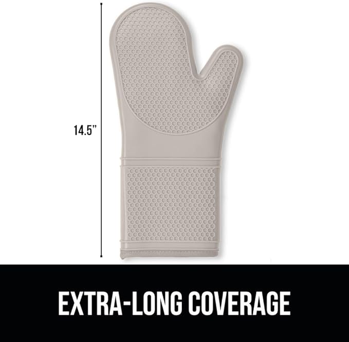 GORILLA GRIP BPA-Free Soft Silicone Oven Mitts, 14.5x8.3, Heat Resistant and Waterproof Cooking Gloves, Thick Cotton Lining, Flexible Gripping for Baking Grilling, Kitchen Potholders Set of 2, Almond