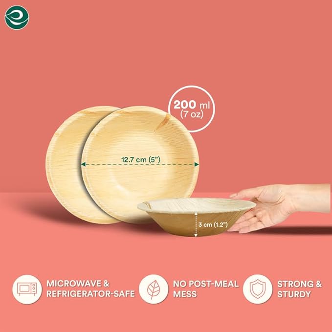 ECO SOUL Palm Leaf Bowl 200 pc, Small 5" (8 Oz) | Round Like Bamboo Bowls, Compostable, Biodegradable, Disposable Palm Leaf Bowls Eco-friendly | Sturdy, Microwave & Oven Safe