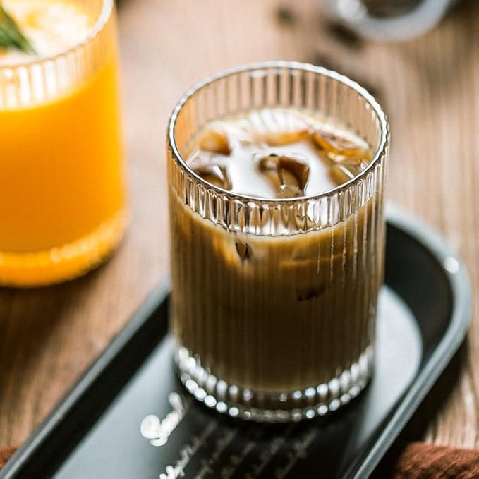 Drinking Glasses with Origami Style Set of 4 Glass Cups, 12 oz Ribbed Glassware, Highball Glass Cups, Elegant Art Deco Ripple Vintage Glassware, Juice Glasses, Ideal for Cocktail, Beer