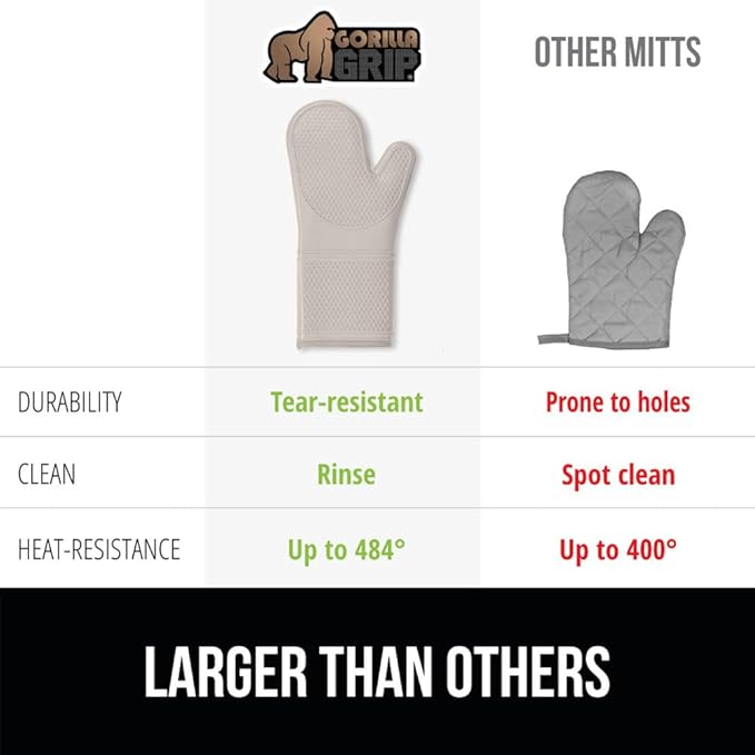 GORILLA GRIP BPA-Free Soft Silicone Oven Mitts, 14.5x8.3, Heat Resistant and Waterproof Cooking Gloves, Thick Cotton Lining, Flexible Gripping for Baking Grilling, Kitchen Potholders Set of 2, Almond
