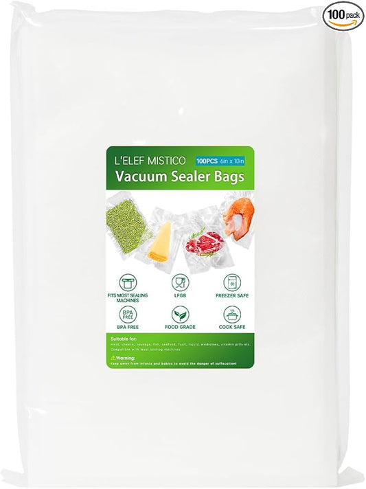 L'ELEF MISTICO Precut Vacuum Sealer Bags for Food, 100 Pint 6" x 10" BPA Free Food Saver, Vacuum Storage for Sous Vide and Freezer
