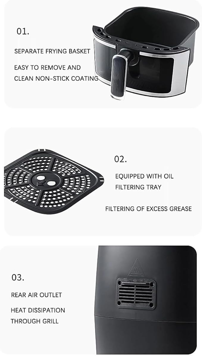 Evoyu Digital Air Fryer Oven, Touch Screen 8L Large Capacity Smart Kitchen Appliance, 360° Hot Air Circulation, Black, 27x32x30cm