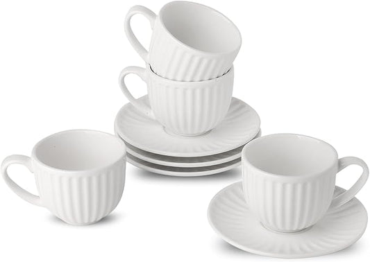 Hasense 4 Oz Espresso Cups with Saucers Set of 4, Ribbed Cappuccino Cups Ceramic for Coffee,Espresso,Double shot,Latte and Macchiato, Demitasse Cups Set Aesthetic Gift, White