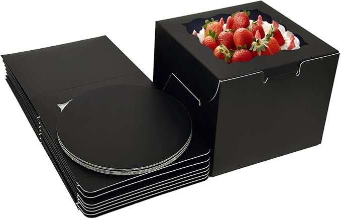 Bakepacker 36pcs 6x6x5 Inches Cake Boxes with Window 18-Packs Black Cake Boxes 6 Inch Bakery Boxes (18 Cake Boxes +18 Cake Boards Included)