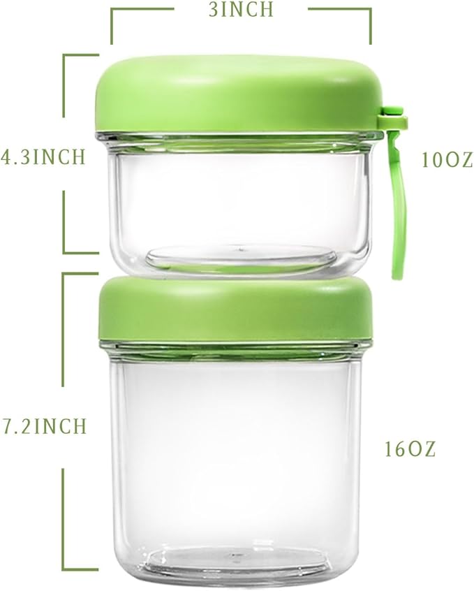 2 Pack Overnight Oats Containers with Lids, Folding Spoons 26 oz Plastic Mason Jars Containers with Lids Portable Cereal and Milk Container on The Go (White and green Oatmeal Cup)