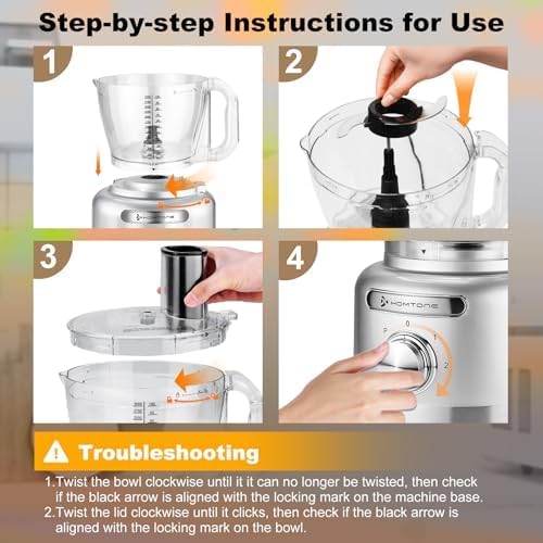 Homtone 16 Cups Food Processor, Large Food Processors with French Fry Cutter, 9 Functions 7 Blades for Shredding, Slicing, Doughing, Emulsfying and Meat Chopping for Home Use, 3 Speeds, 600W, Sliver