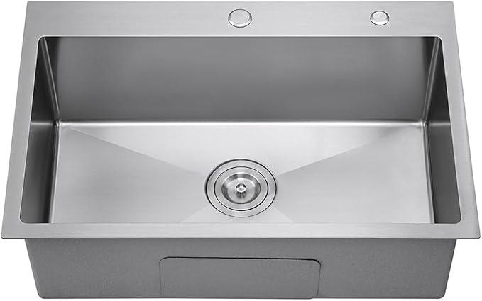 27 Inch Drop in Kitchen Sink with 2 Holes, 18 Gauge 304 Stainless Steel Topmount Single Bowl Handmade Kitchen Sink Brushed Nickel, D27" x W18" x H9"