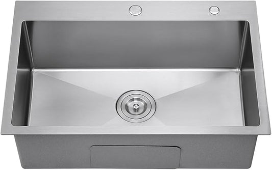 27 Inch Drop in Kitchen Sink with 2 Holes, 18 Gauge 304 Stainless Steel Topmount Single Bowl Handmade Kitchen Sink Brushed Nickel, D27" x W18" x H9"