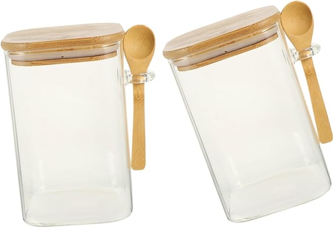 2 Sets Glass Food Storage Containers with Wood Lids and Spoons Airtight Sealed Clear Coffee Bean Holders and Tea Pots Easy Scoop Kitchen Pantry Jars for Freshness and Meal Prep