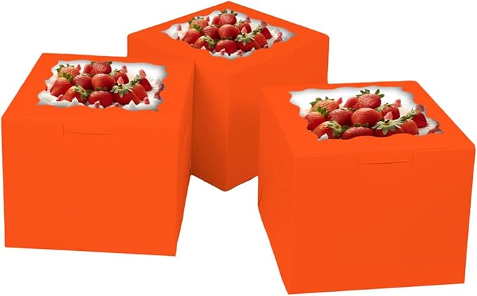 Bakepacker 36pcs 6x6x5 Inches Cake Boxes with Window 18-Packs Orange Cake Boxes 6 Inch Bakery Boxes (18 Cake Boxes +18 Cake Boards Included)