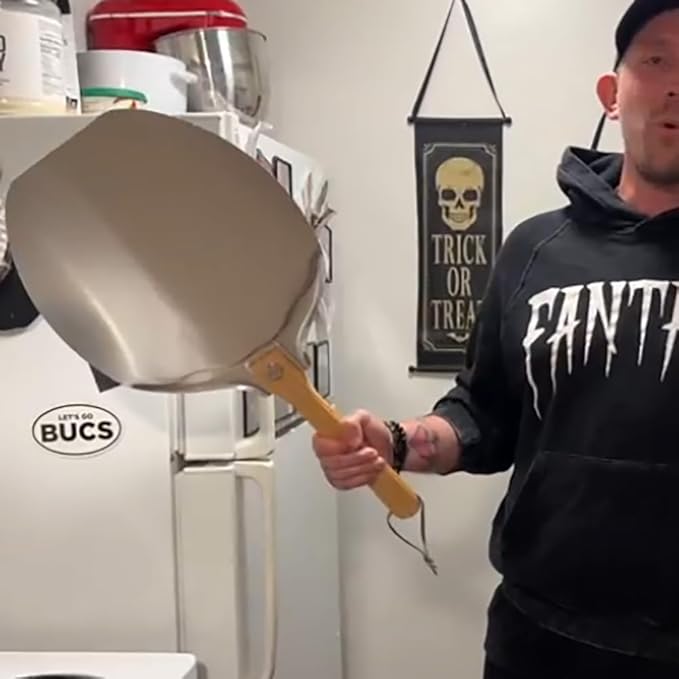 aluminum pizza peel 12x14 Inch Pizza Peel with Rocker Cutter & Foldable Wood Handle, Aluminum Pizza Paddle Spatula - Includes for Baking Pizza, Dough, Bread & Pastry in Family Pizza Ovens