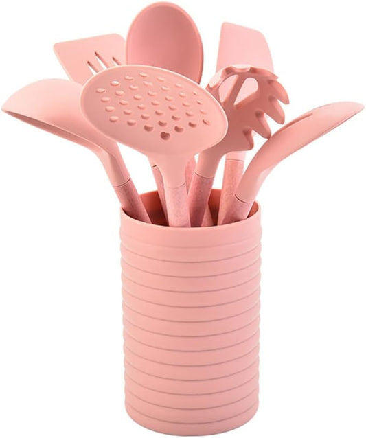 Silicone Kitchenware with Wooden Handles Cooking Utensil Kit Including Spatula and Spoon with Storage Bucket Heat Resistant Non-stick Silicone Tools for Home and Restaurant Cooking