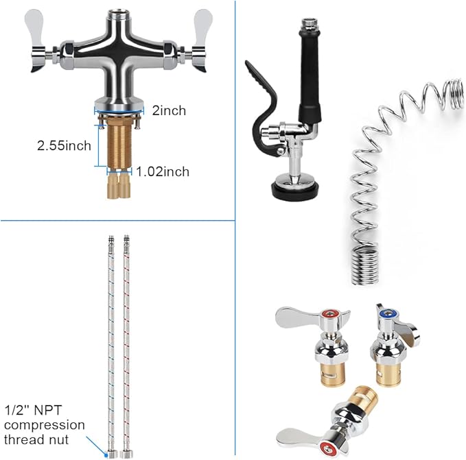 27 inch Height Deck Mount Commercial Faucet with Pre Rinse Sprayer, Single Hole Commercial Restaurant Kitchen Sink Faucet with 12” Swing Spout for Commercial Kitchens Restaurant Hotel
