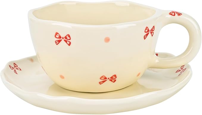 Koythin Ceramic Coffee Mug with Saucers, Handmade Flowers Mugs, Cute Cup for Girl Women, Aesthetic Tea Milk Cup with Handle, 8.5 oz/250 ml for Latte, Cocoa, Office, Home (Cute Bow)