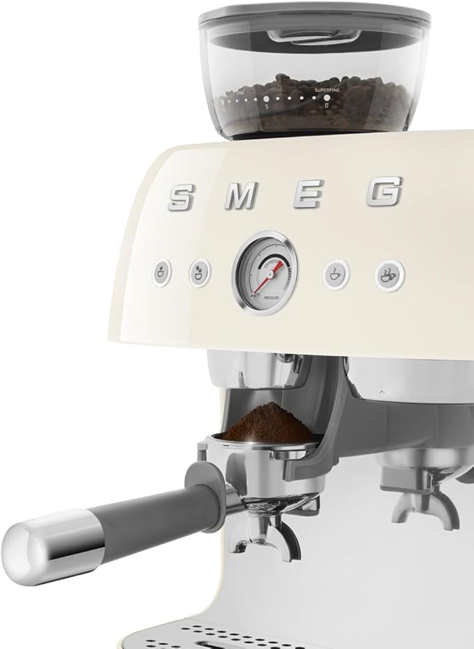 Smeg EGF03 Semi-Automatic Espresso Machine with Built-In Grinder, Dual Thermoblock, 50’s Retro Style – Cream (120 V)