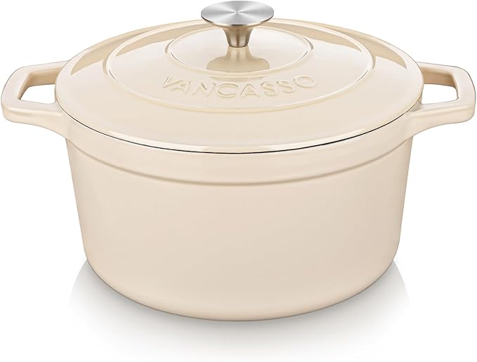 vancasso 2.5 QT Enameled Cast Iron Dutch Oven with Stainless Steel Knob Lid – Small Non-Stick Casserole for Steaming, Baking, and Roasting – Cream Color