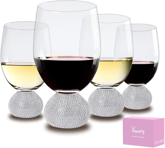 Wine Glasses Set of 4,Stemless Wine Glass,Unbreakable Crystal Fancy Glasses,15 Oz Short Handle Red/White Glasses,Unique Wine Gifts for Women,for Home Bar, Party, Birthday (Silver Clear)