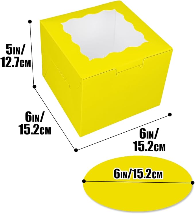 Bakepacker 36pcs 6x6x5 Inches Cake Boxes with Window 18-Packs Yellow Cake Boxes 6 Inch Bakery Boxes (18 Cake Boxes +18 Cake Boards Included)