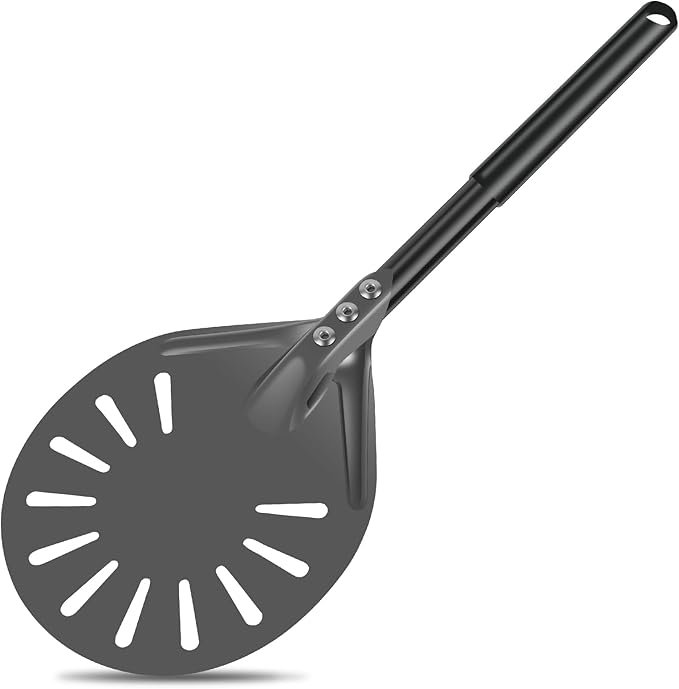 Pizza Turning Peel with Long Handle Aluminum Pizza Peel Spinner Perforated Pizza Turner Spinner Non-Stick Pizza Paddle 15.7×5.9×8.46 Inch Scratch Resistant Pizza Peel Paddle for Home Oven (1, Black)