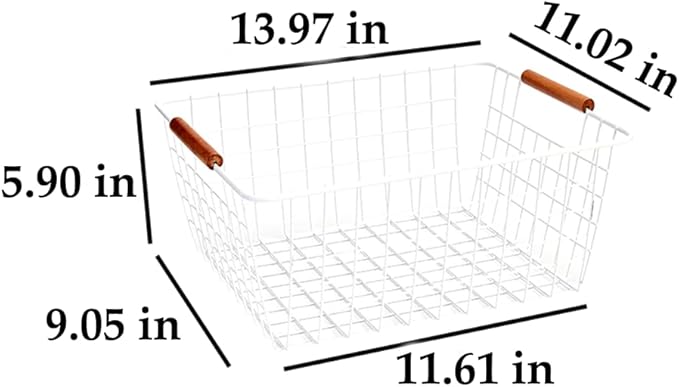 LeleCAT Large white wire baskets with Wooden Handles for storage pantry, Storage Organizer Baskets, Household Refrigerator for Cabinets, Closets, Bedrooms, kitchen - Set of 3 White
