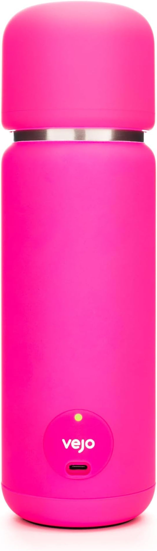 Vejo Portable Travel Blender for Protein Shakes & Powders | 12oz Rechargeable Personal Mixer Bottle | Stainless Steel Interior | Fits Car Cup Holders | Dishwasher Safe | Neon Pink