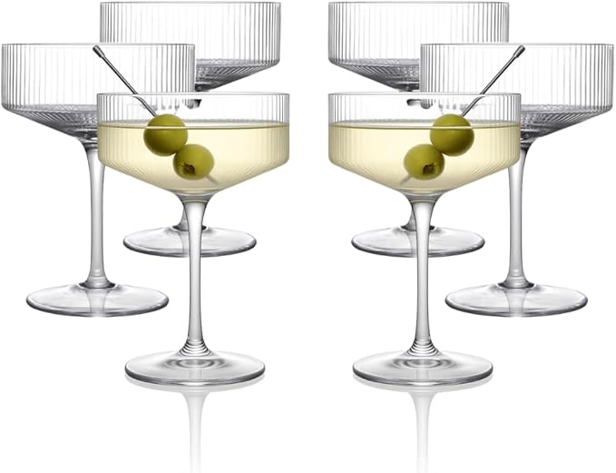 LEMONSODA Clear & Ribbed Martini Coupe Glasses - Classic Barware for Espresso Martini, Manhattan, Cosmopolitan – Handcrafted Luxury Glassware for Home Entertaining (Ribbed 9.5oz, Set of 6)