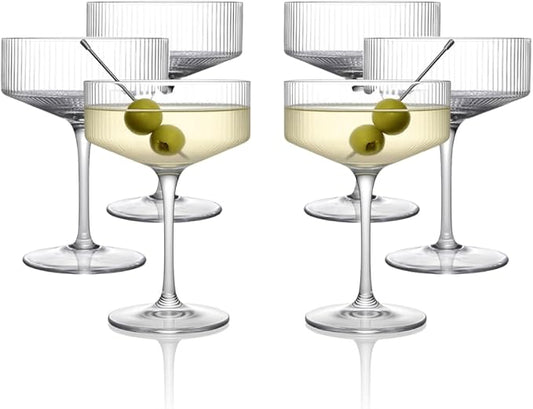 LEMONSODA Clear & Ribbed Martini Coupe Glasses - Classic Barware for Espresso Martini, Manhattan, Cosmopolitan – Handcrafted Luxury Glassware for Home Entertaining (Ribbed 9.5oz, Set of 6)