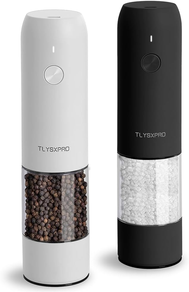 Electric Salt and Pepper Grinder Set, USB Rechargeable, Automatic Salt and Pepper Mill Grinder with Adjustable Coarseness, Electric Salt Shakers, LED Light, Refillable (2 Packs, Black&White)