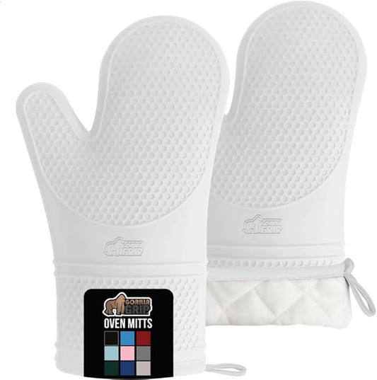 GORILLA GRIP BPA-Free Soft Silicone Oven Mitts, Heat Resistant and Waterproof Cooking Gloves, Thick Cotton Lining, Flexible Gripping for Baking Grilling, Kitchen Potholders Set of 2, 12.5x8.3, White
