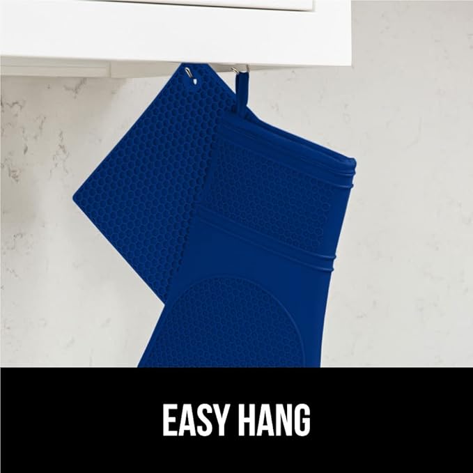 GORILLA GRIP BPA-Free Soft Silicone Oven Mitts and Pot Holders Sets of 4, Heat Resistant Waterproof Cooking Gloves, Thick Cotton Lining, Flexible Gripping for Baking Grilling, Kitchen Trivets, Blue