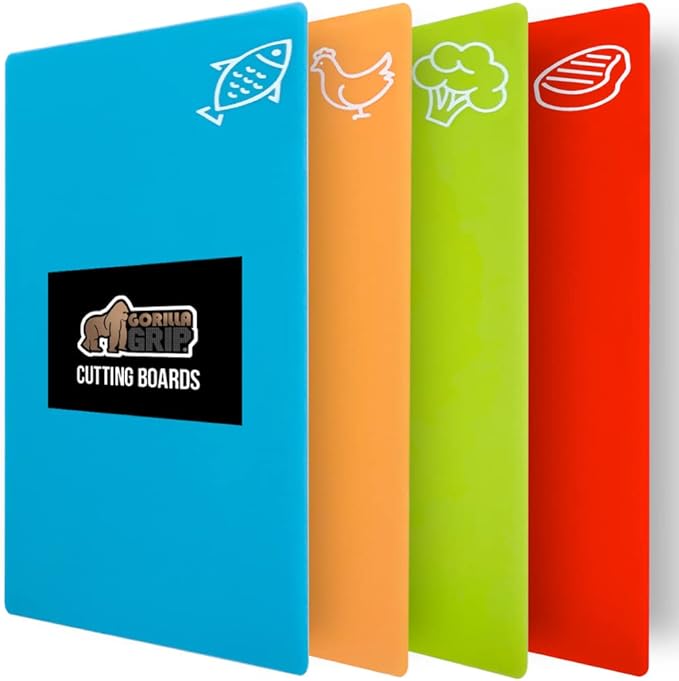 GORILLA GRIP 100% BPA-Free Flexible Cutting Board Set of 4, Durable Plastic Mats with Food Icons for Meal Prepping, Large Kitchen Chopping Mat, Use for Meat Fish Vegetables Fruit, 15x12, Multicolor