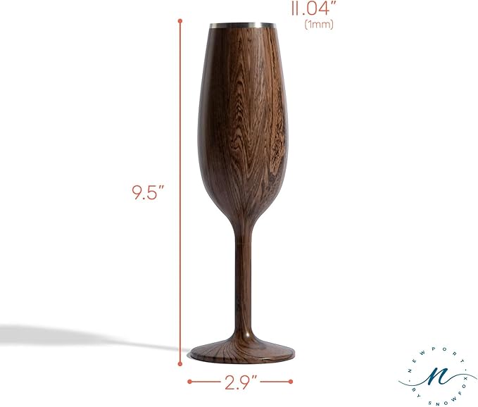 NEWPORT Stemware Collection, Premium Vacuum Insulated Stainless Steel Sparkling Wine & Champagne Flute, Crystal Thin Champagne Glass, Unbreakable & Drinks Stay Cold, Non-Slip Base, 6oz, Dark Walnut