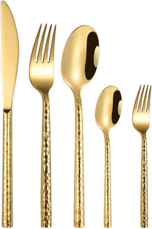 20-Piece Gold Hammered Silverware Flatware Cutlery Set Service for 4,304 Thickened Stainless Steel Cutlery Knife,Fork and Spoon Set,Dishwasher Safe,Gift Package for Wedding Housewarming