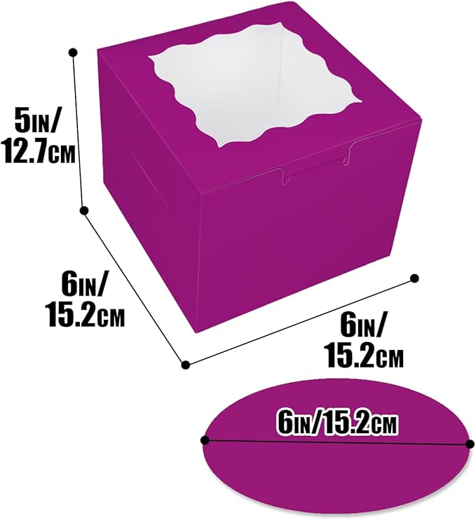 Bakepacker 36pcs 6x6x5 Inches Cake Boxes with Window 18-Packs Deep Purple Cake Boxes 6 Inch Bakery Boxes (18 Cake Boxes +18 Cake Boards Included)