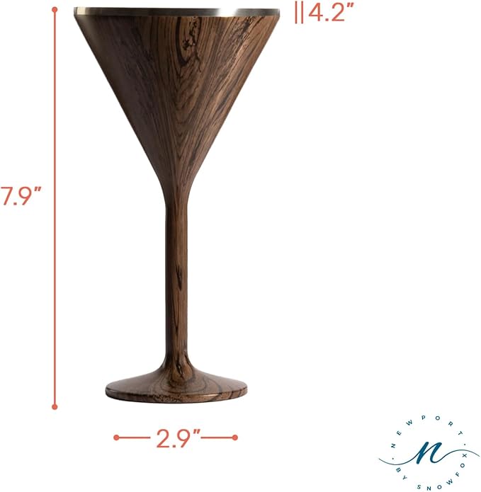 NEWPORT Stemware Collection Premium Vacuum Insulated Stainless Steel Martini Glasses, Lightweight Margarita Glasses, Unbreakable & Drinks Stay Cold, Non-Slip Base, Cocktail Glasses, 8oz, Dark Walnut