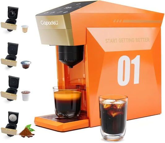 4 in 1 Single Serve Coffee Maker,Fast Brew in 1 minute 19Bar Pump Coffee Machine for K*Cup/NES*presso/Ground Coffee/Do'lce Gusto,with 27oz Removable Water Reservior, Espresso Coffee Machine, (Orange)