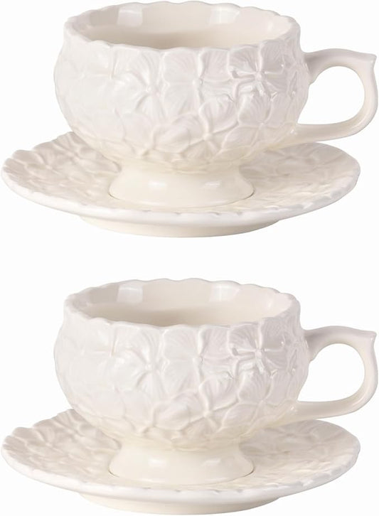 KAMMAK Tea Cups and Saucers Set of 2, Porcelain Coffee Cups, 8.5-Ounce Stackable Espresso Mugs, Ceramic Demitasse for Coffee, Latte, Americano, Tea, White Flower