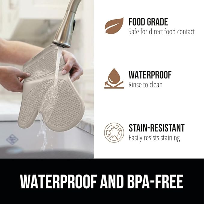 GORILLA GRIP BPA-Free Soft Silicone Oven Mitts and Pot Holders Sets of 4, Heat Resistant Waterproof Cooking Gloves, Thick Cotton Lining, Flexible Gripping for Baking Grilling, Kitchen Trivets, Almond