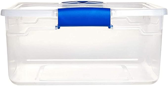 HOMZ 4-Pack Latching Lid, Small Clear Plastic Storage Bins w/ Lids, 15.5 Quart, Blue Latch - Stackable Container Boxes for Home, Bathroom, and Office Organization