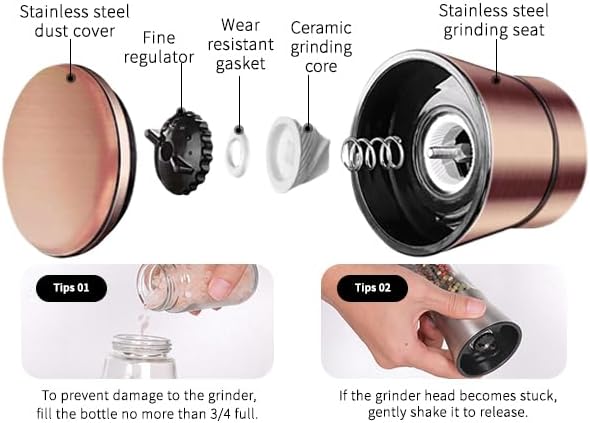 Copper Stainless Steel Salt and Pepper Grinder Set Manual Himalayan Pink Salt Mill|Salt and Pepper Shakers with Adjustable Coarseness and Clear Glass Body (Pack of 2) (SHORT)