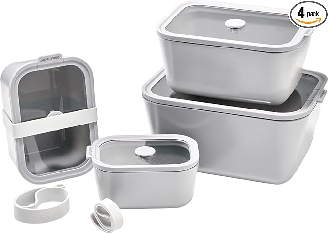 Glass Food Storage & Meal Prep Container Set of 4 with Airtight Glass Lids, Leakproof, 3 Free Straps, Oven, Microwave Safe, BPA & Plastic-Free