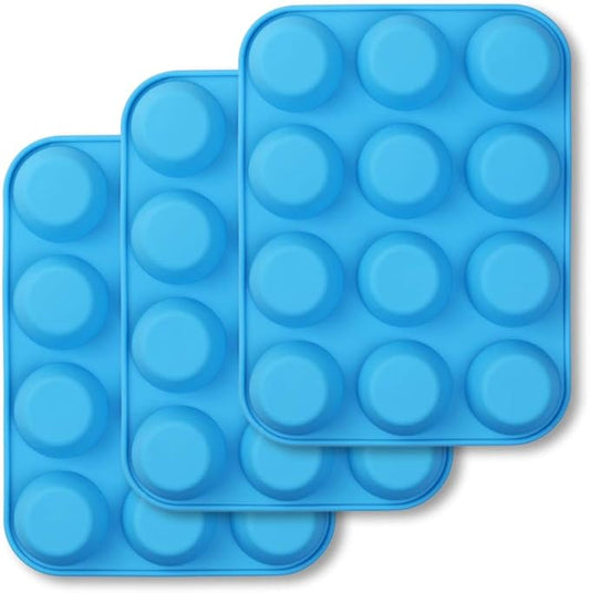 homEdge 12-Cup Silicone Muffin Pan, Pack of 3 Non-Stick Muffin Molds, Baking Pan for Cupcake, Tarts, Egg Bites-Blue