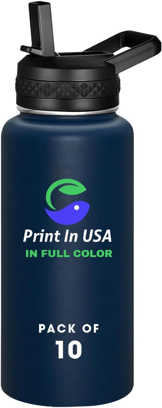 Personalized Custom Print in USA Water Bottle 10Pcs 32oz Stainless Steel Double Wall Coffee Cup with Lid & Straw Insulated Tumbler with Colorful Text Logo Photo
