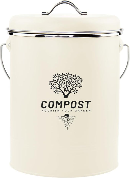 Kitchen Countertop Compost Bin, Odor Resistant Indoor Compost Bin with Lid and Charcoal Filter, Rust Resistant Coated Compost Bucket, Compost Container, Cream
